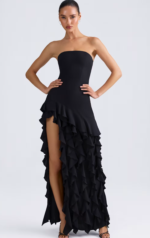 MIDNIGHT CASCADE STRAPLESS DRESS