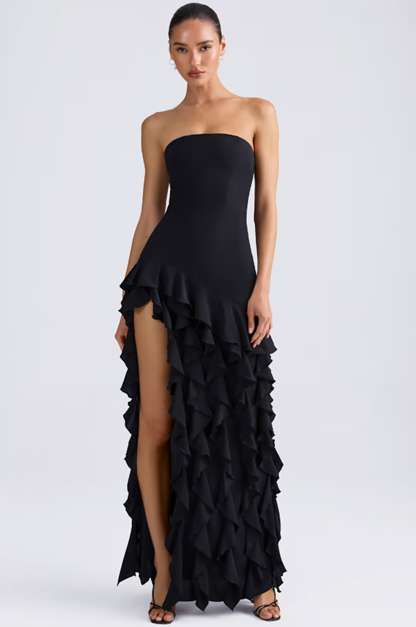 MIDNIGHT CASCADE STRAPLESS DRESS