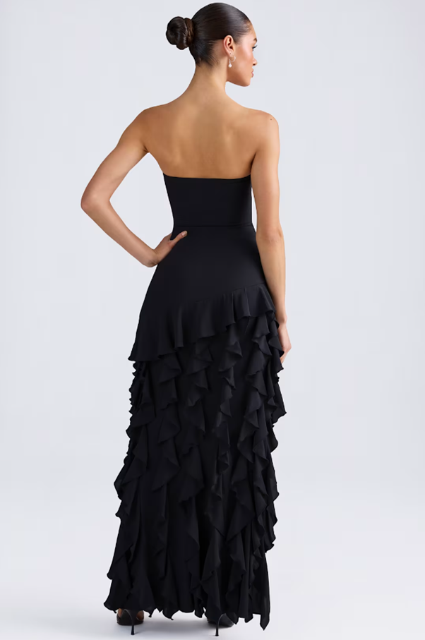 MIDNIGHT CASCADE STRAPLESS DRESS