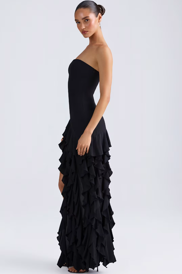 MIDNIGHT CASCADE STRAPLESS DRESS