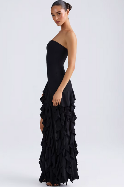 MIDNIGHT CASCADE STRAPLESS DRESS