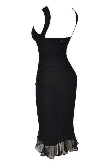 REVENGE BLACK RUFFLE MIDI DRESS