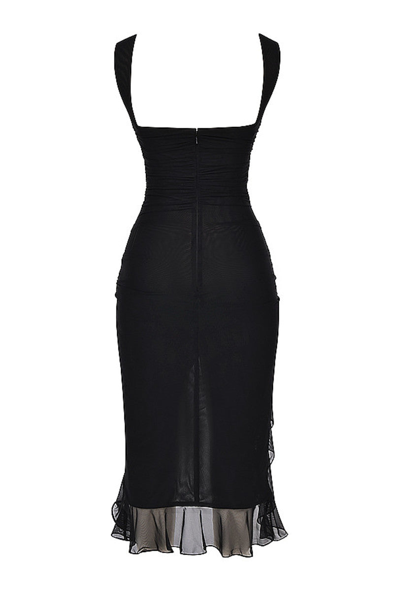 REVENGE BLACK RUFFLE MIDI DRESS