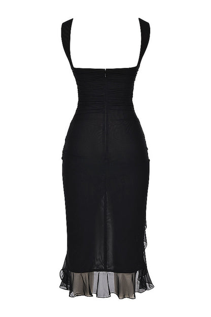 REVENGE BLACK RUFFLE MIDI DRESS